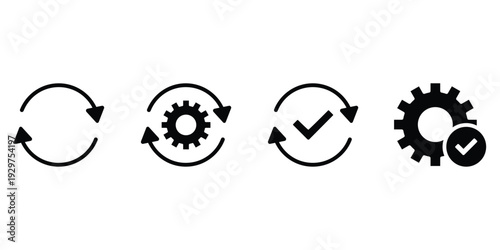 Process Icons: Cycle, Gear, Checkmark, Cogwheel Vector Illustration