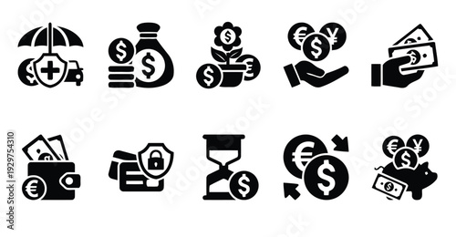 Finance and money icons set investment savings and currency symbols