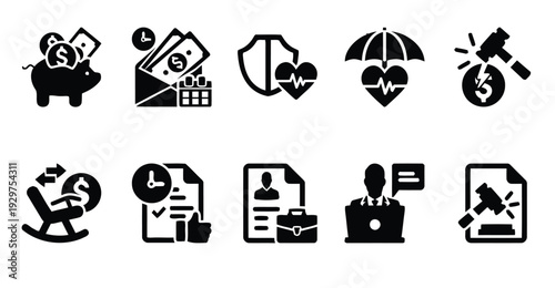 Finance and insurance icons, piggy bank, money envelope, shield heart, umbrella heart, broken coin