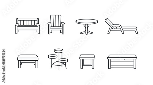 Home garden furniture: garden bench, patio chair, patio table, sun lounger, footstool, plant stand, side table, storage chest. . Thin consistent line stroke,