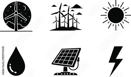 Six black and white representing renewable energy sources including wind turbines, solar panels, water, and lightning