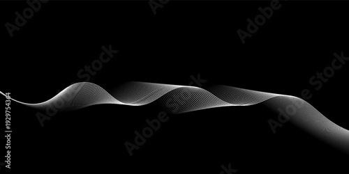 Abstract white wavy line on black background. Futuristic motion stripe with smooth gradient curve. Ideal for tech, sound, or digital interface designs. Vector EPS 10