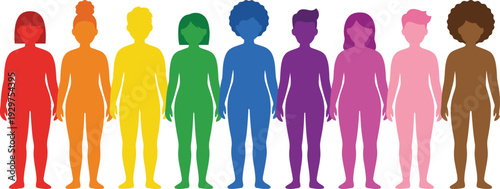 Diverse group of colorful human silhouettes standing together holding hands representing unity equality pride community and global social inclusion for everyone.