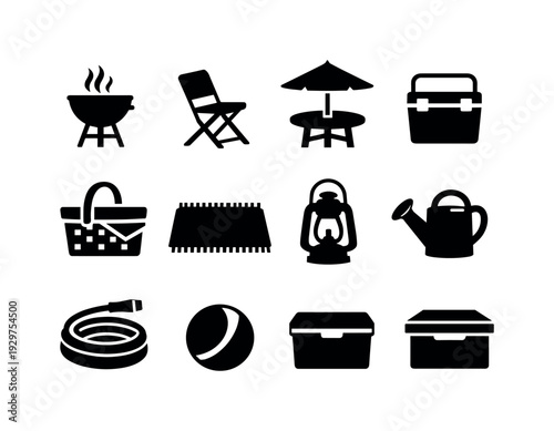 Outdoor backyard activities: barbecue grill, folding chair, patio table, sun umbrella, cooler box, picnic basket, outdoor rug, lantern, watering can, garden