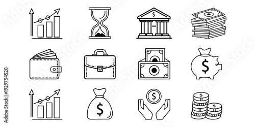 Financial management and banking line icons for investment savings and economic growth concepts