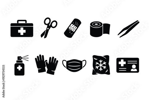 First aid and medical kit icons for emergency preparedness and healthcare supplies