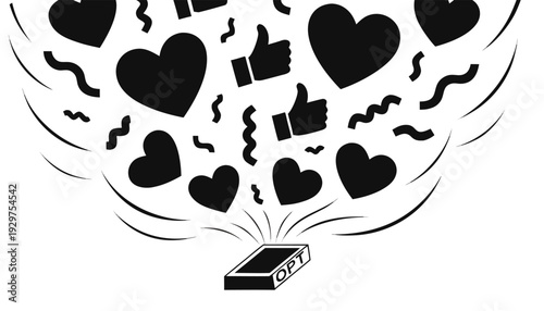 Smartphone emitting hearts and thumbs up in a celebratory burst (25) desi