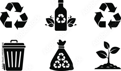 Six black representing recycling and waste management concepts including bottles, trash bins, and plants
