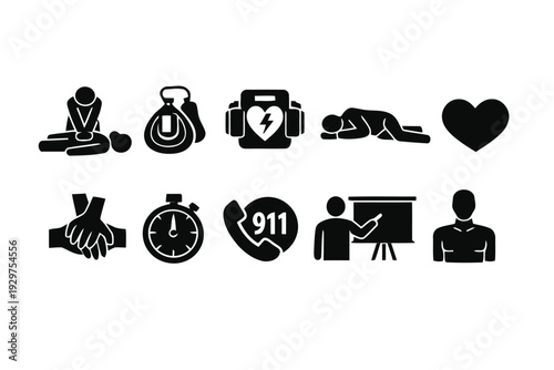 First aid and emergency response symbols including CPR, stopwatch, and 911 phone
