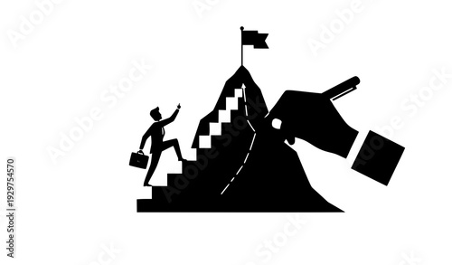 Businessman Climbing Stairs to Flag on Mountain Drawn by Hand Concept Vector