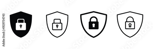 Four security shield icons with padlock symbols for protection and safety