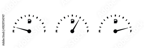 Fuel gauge indicators showing empty, half, and full tank levels