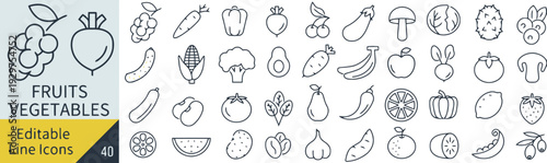 Fruits and vegetables line icons set. collection of vector symbol in outline style for food, healthy eating and nature