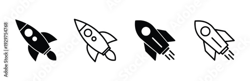 Four simple rocket icons representing space travel and launch with flames and thrusters