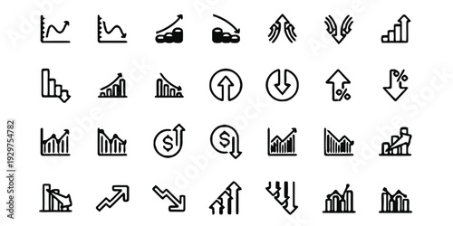 Financial charts and graphs icons representing growth decline and market trends