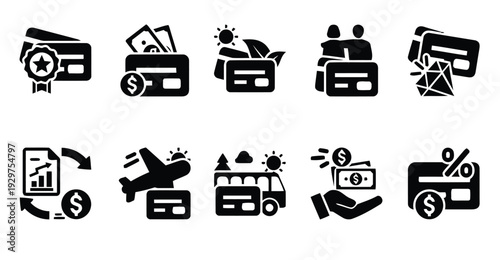 Financial icons related to credit cards and money management