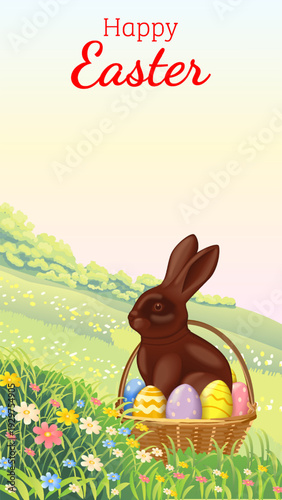 Happy Easter vertical vector illustration with chocolate bunny in wicker basket with painted eggs on blooming spring meadow and copy space for text.