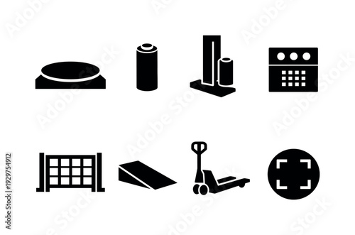 Warehouse pallet wrapping station: pallet turntable, stretch wrap roll, film carriage, control panel, safety fence, loading ramp, pallet jack, floor marker