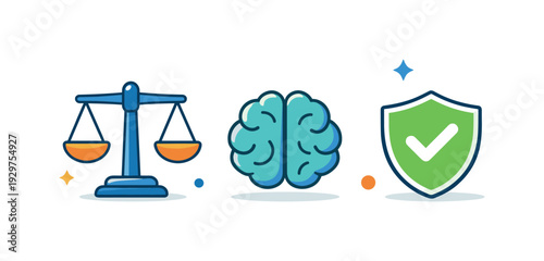 Ethical AI adoption and responsible technology use in modern organizations, a balanced scale paired with a simplified brain and a shield symbolizing fairness,