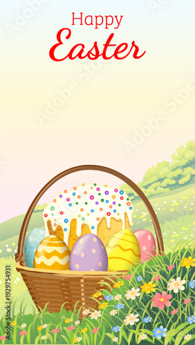 Happy Easter vertical vector illustration with traditional cake and painted eggs in wicker basket on blooming spring meadow and copy space for text.
