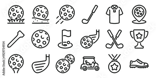 Golf equipment and game elements icons set