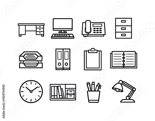 Delivery administration workspace in linear style: office desk, desktop computer, desk phone, filing cabinet, document tray, binder, clipboard, notebook, pen
