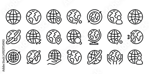 Global travel and worldwide connection icons set flat vector illustration