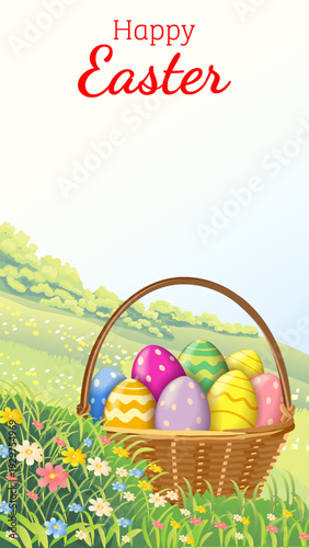 Happy Easter vertical vector illustration with colorful painted eggs in wicker basket on green spring meadow with flowers and copy space for text.