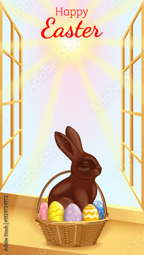 Happy Easter vertical vector illustration with chocolate bunny and colorful eggs in basket with morning light through windows and copy space for text.
