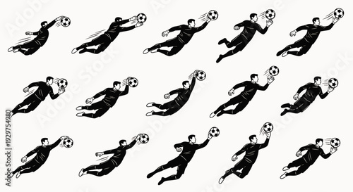 Soccer Goalkeeper Diving Save Sequence Illustration: Dynamic Black and White Football Player Action Capturing Ball Mid-Air, Sportive Movement Series