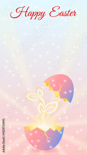 Easter vertical vector illustration featuring he concept of rebirth, with a glowing sprout growing from a cracked eggshell and copy space for text.