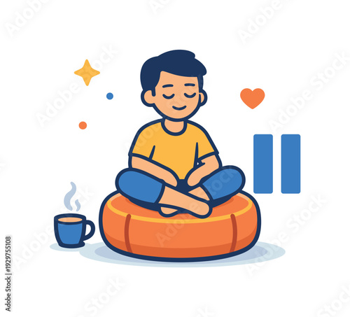 Everyday moment of rest and emotional comfort during a quiet break at home, a soft pouf paired with a pause symbol representing sitting down and slowing the