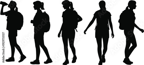 Black silhouettes of young female travelers with backpacks walking and drinking water isolated on white background for travel and hiking