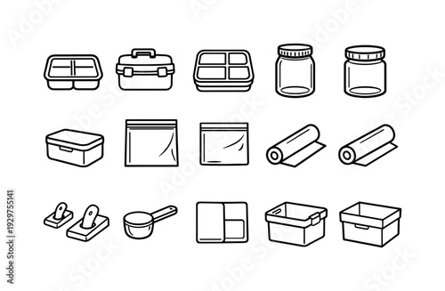 Home meal prep containers: linear style food container, lunch box, bento box, glass jar, plastic jar, storage tin, freezer bag, zip bag, foil roll, plastic wrap