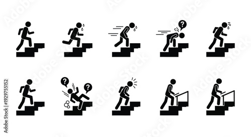 Collection of black and white stick figure icons illustrating various actions and difficulties climbing stairs successfully