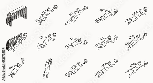 Sequence of a Goalkeeper Diving to Save a Football Goal, Action Sequence, Sports Illustration