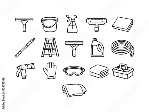 Home window cleaning tools: linear style squeegee, bucket, spray bottle, scrubber, microfiber cloth, extension pole, ladder, window scraper, detergent bottle,