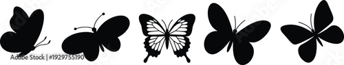 Black silhouettes of diverse butterfly species in different flying positions isolated on white background for nature wildlife and decorative design