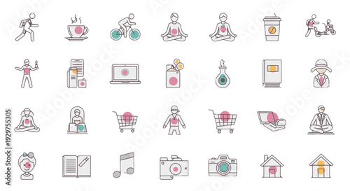 Collection of Simple Line Icons Representing Health and Wellness Activities.