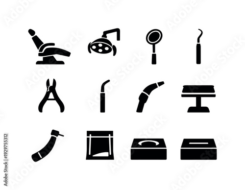 Dental clinic tools: dental chair, overhead lamp, mouth mirror, dental probe, forceps, saliva ejector, suction hose, tray table, drill handpiece, sterilization