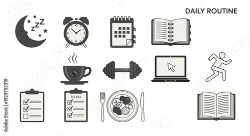 Daily Routine Icons Set for Productivity and Time Management.