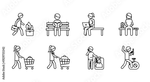 Simple line drawings of people shopping and working.
