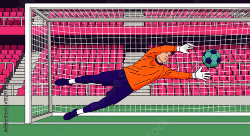 Dynamic cartoon illustration of a football goalkeeper making a spectacular dive to save a goal during an intense soccer match in a stadium.