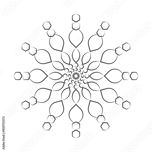 Intricate black mandala design with hexagons and teardrop shapes on white background for meditation