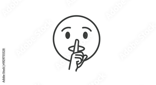 Black and white vector graphic illustration of a quiet emoji face with finger on lips indicating silence