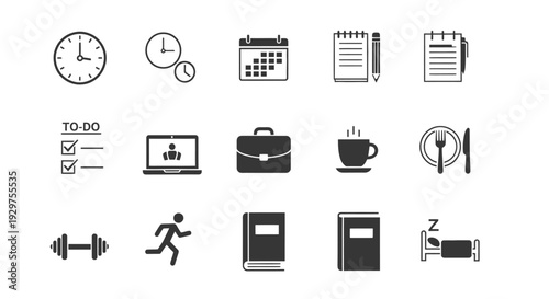 Collection of Simple Black Line Icons for Productivity and Fitness.