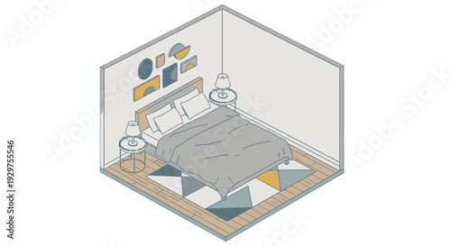 Isometric illustration of a modern minimalist bedroom interior with abstract art.