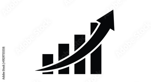 Black and white vector graphic illustration depicting an upward trending bar chart with a sweeping growth arrow symbol