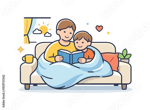 Peaceful family morning at home focused on gentle togetherness and shared routine before the day begins, an adult and child sitting together on a sofa with a