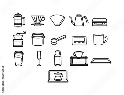 Home coffee brewing accessories: linear style french press, coffee dripper, paper filter, gooseneck kettle, coffee scale, coffee grinder, storage jar, scoop